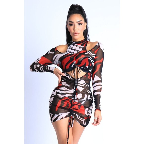 Women's Cutout Detailed Abstract Printed Drawstring Mesh Mini Dress Red Multi - Picture 9 of 10